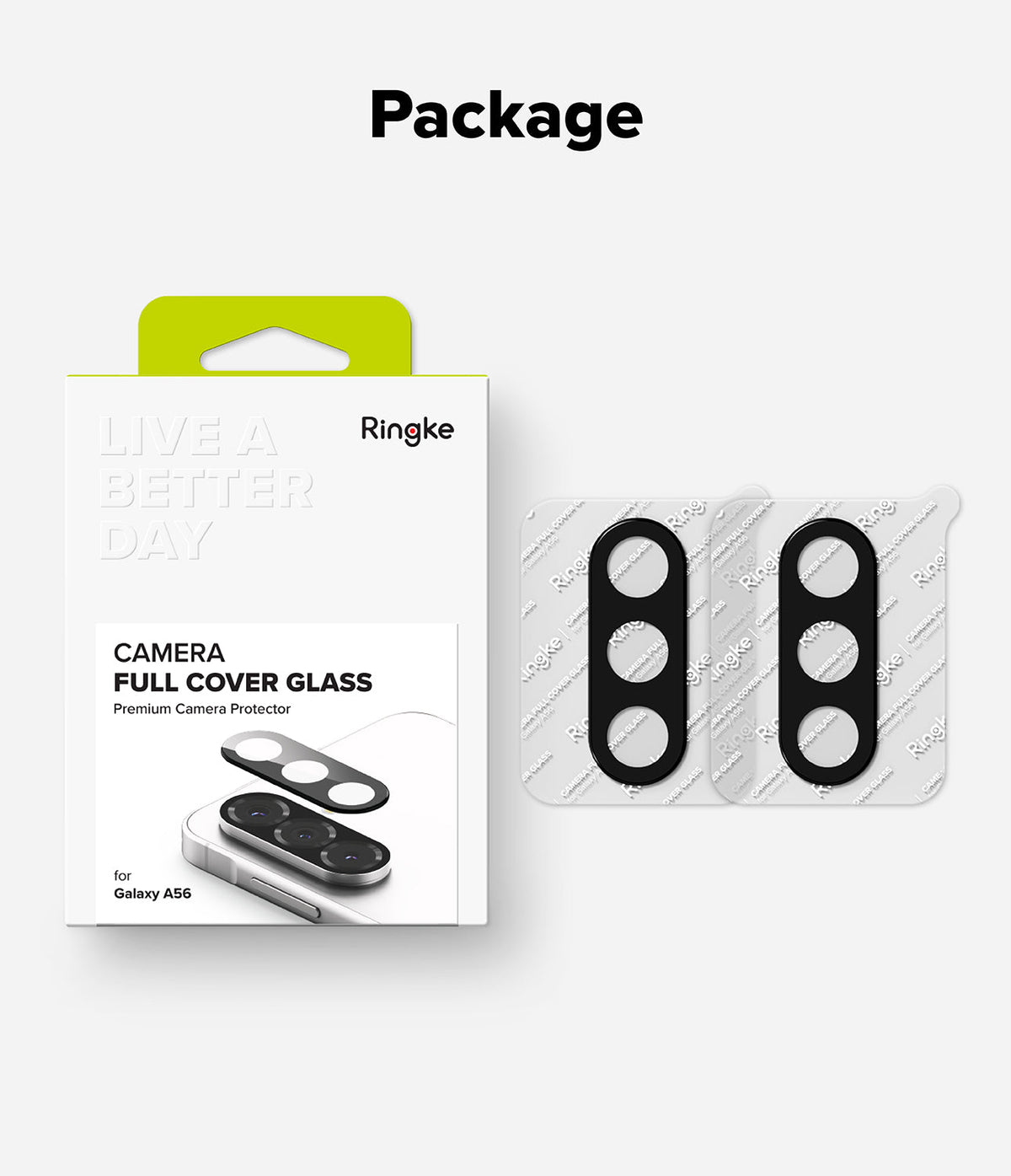 Galaxy A56 / A36 | Camera Glass - Ringke camera lens protector packaging and two black glass covers on a backing sheet.