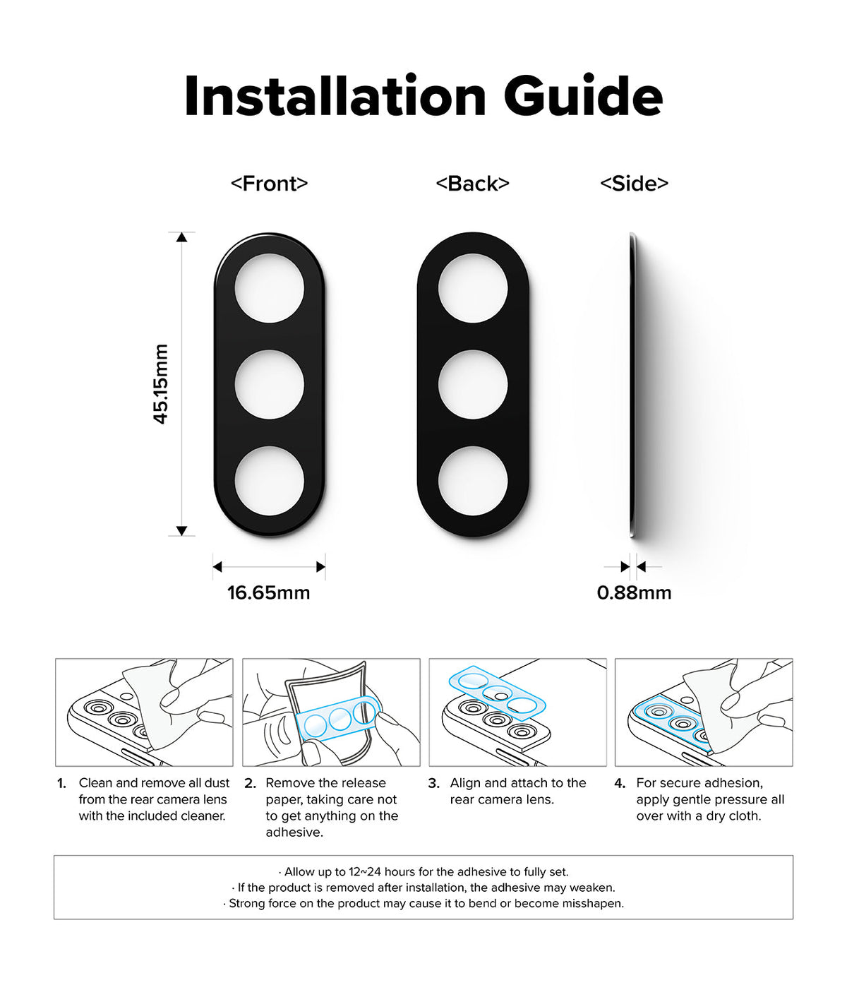 Galaxy A56 / A36 | Camera Glass - Technical diagram showing dimensions and a four-step installation guide for camera lens covers.