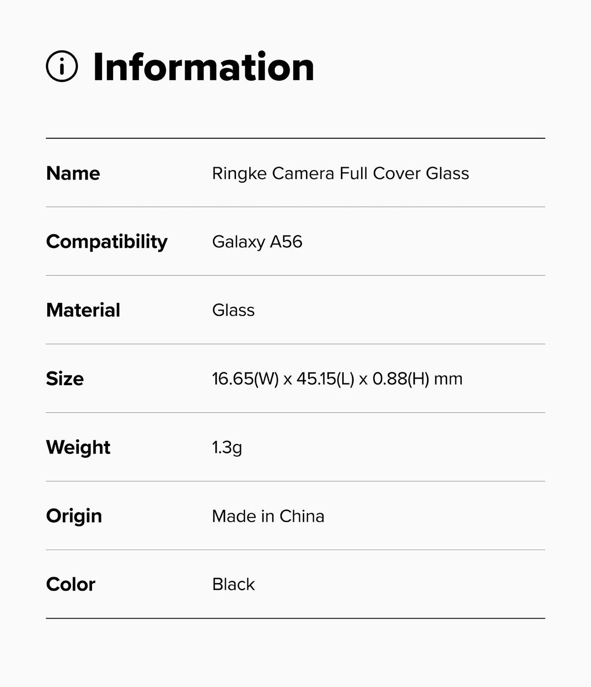 Galaxy A56 / A36 | Camera Glass - Information table listing product specs for Ringke Camera Full Cover Glass for Galaxy A56.