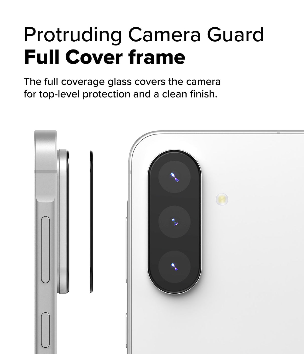 Galaxy A56 / A36 | Camera Glass - Side and rear views of a phone showing a protective glass cover for the camera lenses.