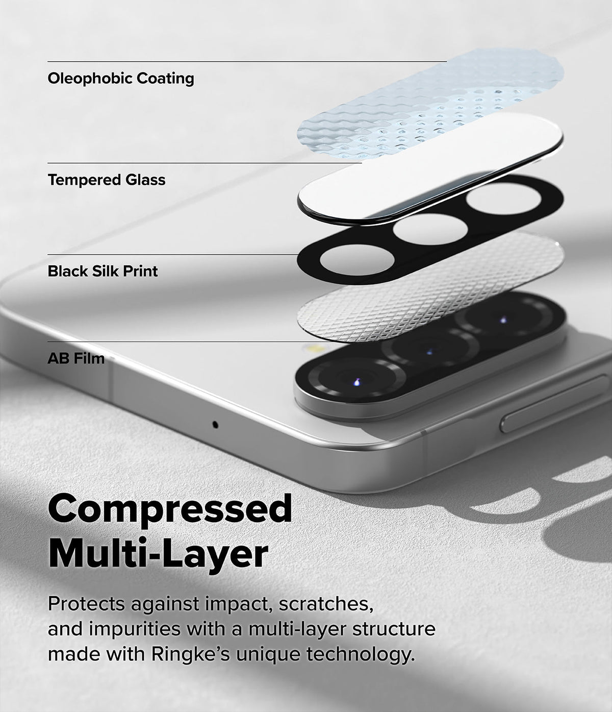 Galaxy A56 / A36 | Camera Glass - Exploded view of multi-layer camera lens protector on a smartphone.