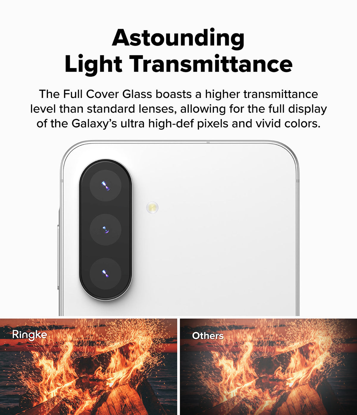 Galaxy A56 / A36 | Camera Glass - Comparison showing clearer, brighter fire imagery with Ringke glass versus duller others.