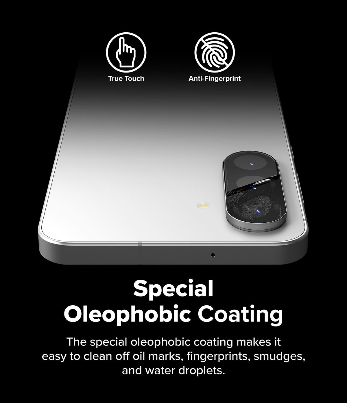 Galaxy A56 / A36 | Camera Glass - Smartphone with oleophobic camera lens protector showing True Touch and anti-fingerprint icons.