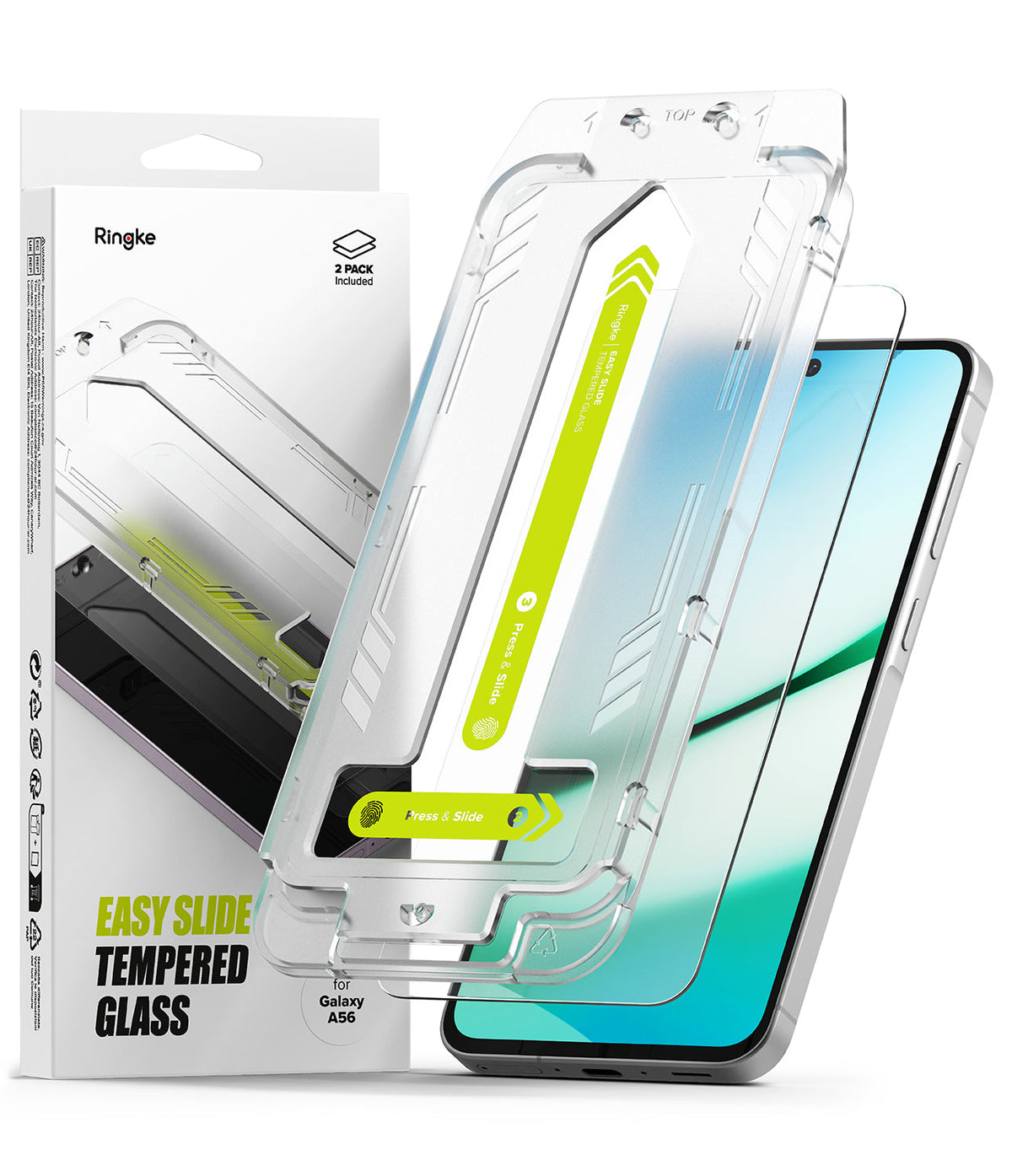 Galaxy A56 / A36 Screen Protector | Easy Slide Tempered Glass - Galaxy A56 / A36 Screen Protector - Ringke Easy Slide tempered glass installation kit with alignment frame and phone.