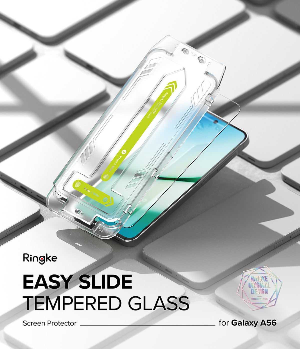 Galaxy A56 / A36 Screen Protector | Easy Slide Tempered Glass - Galaxy A56 / A36 Screen Protector - Easy Slide installation tool applying a tempered glass film onto a smartphone.