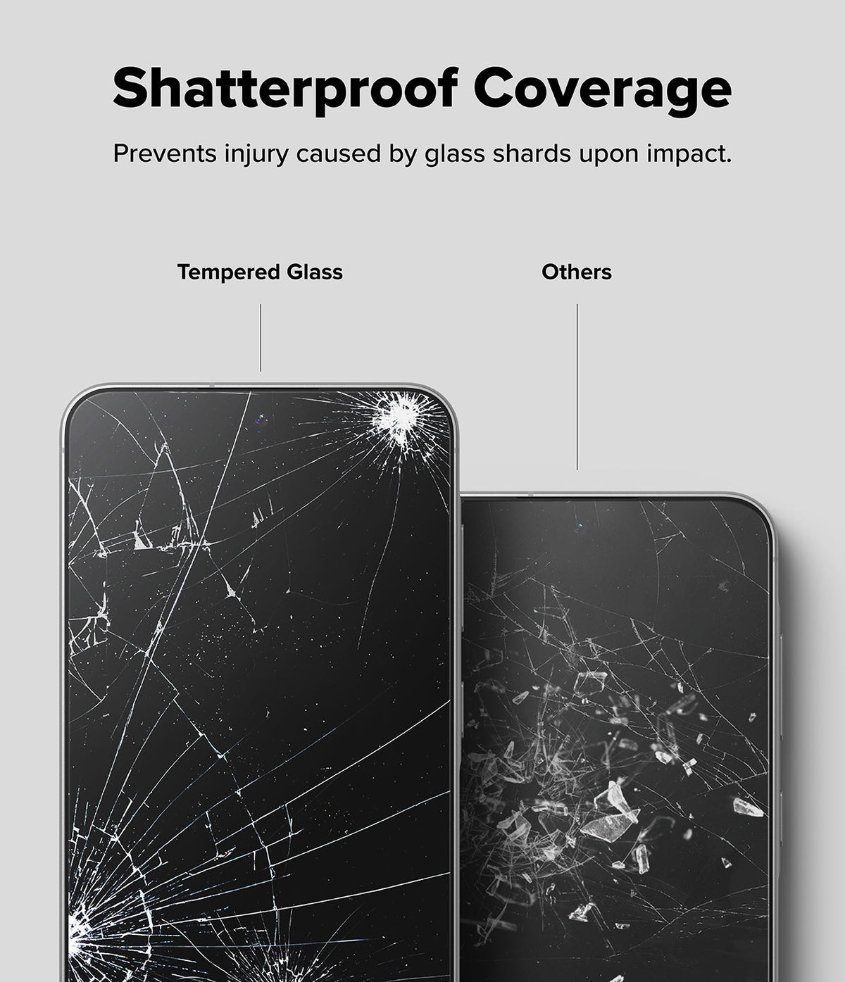 Galaxy A56 / A36 Screen Protector | Easy Slide Tempered Glass - Galaxy A56 / A36 Screen Protector - Comparison showing tempered glass holding together versus shattered shards on others.