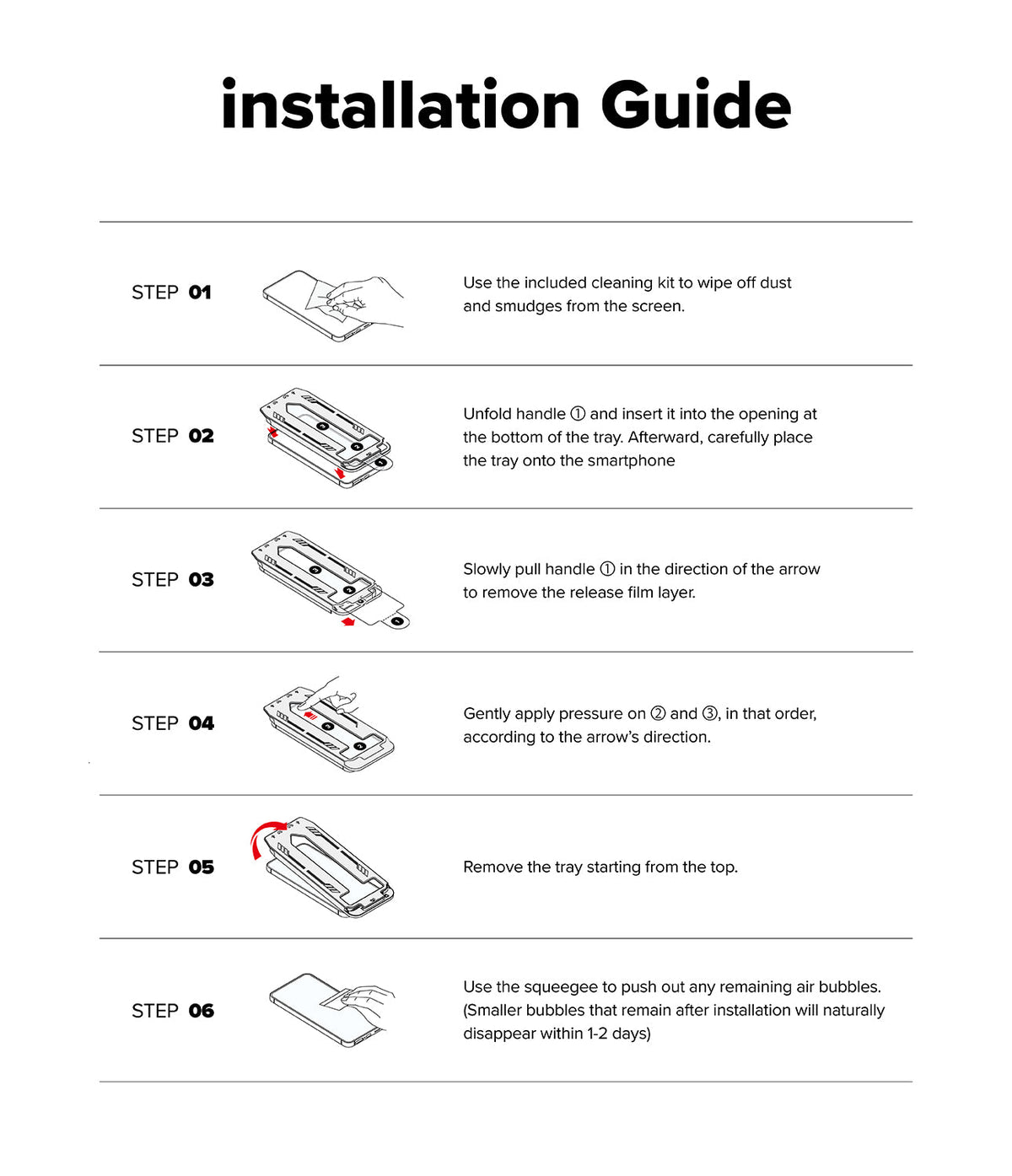 Galaxy A56 / A36 Screen Protector | Easy Slide Tempered Glass - Galaxy A56 / A36 Screen Protector - Six-step illustrated guide for installing a tempered glass screen protector.