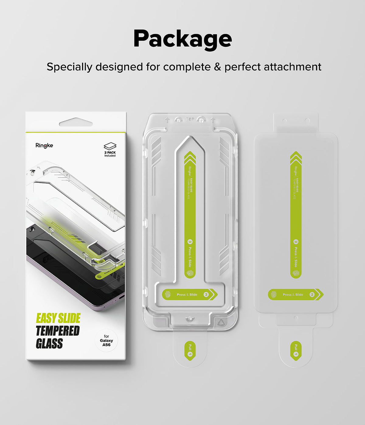 Galaxy A56 / A36 Screen Protector | Easy Slide Tempered Glass - Galaxy A56 / A36 Screen Protector - Retail box and two Easy Slide tempered glass installation kits with alignment trays.