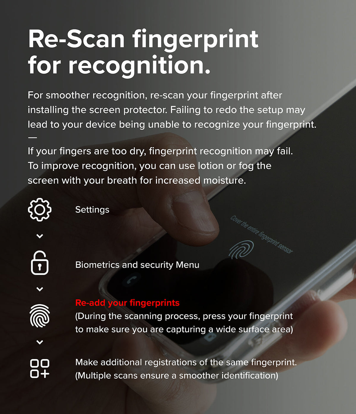 Galaxy A56 / A36 Screen Protector | Easy Slide Tempered Glass - Galaxy A56 / A36 Screen Protector - Instructions for re-scanning fingerprints on a smartphone screen after installation.