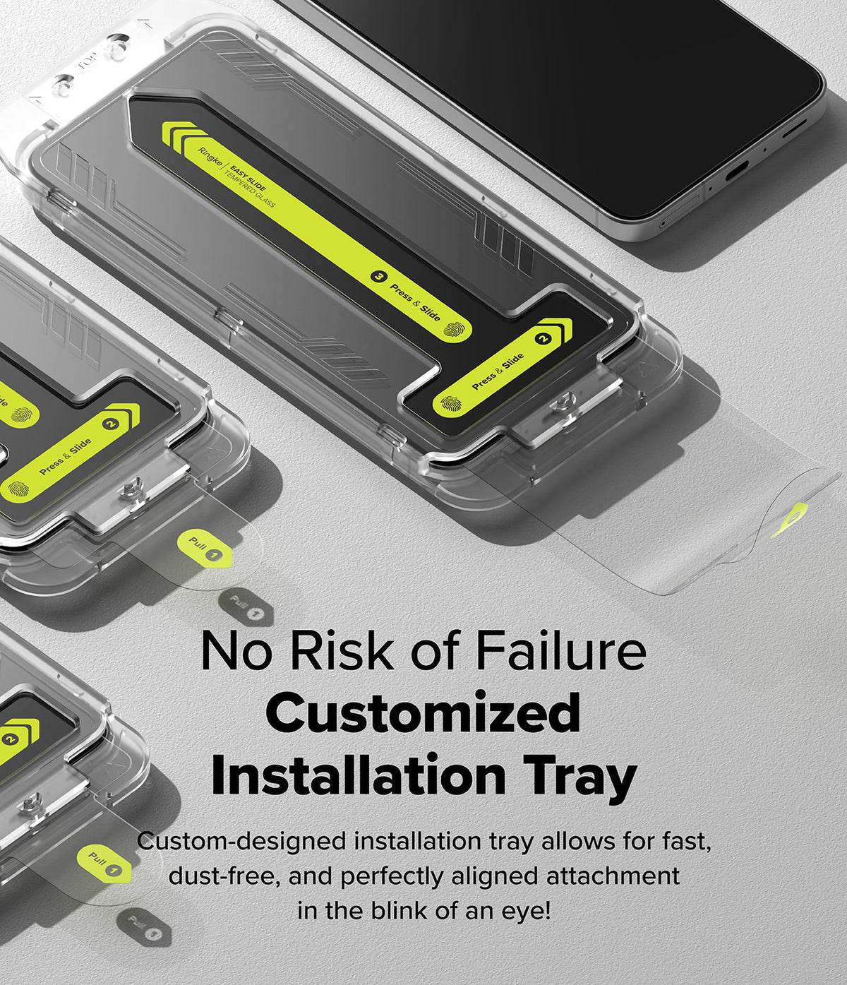 Galaxy A56 / A36 Screen Protector | Easy Slide Tempered Glass - Galaxy A56 / A36 Screen Protector - Installation tray with step-by-step sliding guide for easy screen protector application.