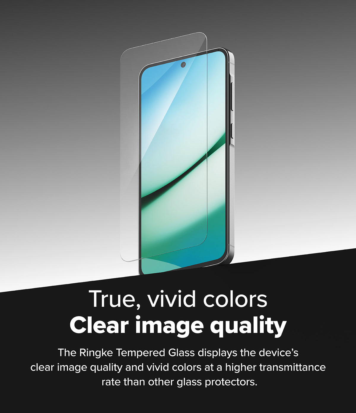 Galaxy A56 / A36 Screen Protector | Easy Slide Tempered Glass - Galaxy A56 / A36 Screen Protector - Transparent tempered glass hovering above a smartphone screen with vivid display.