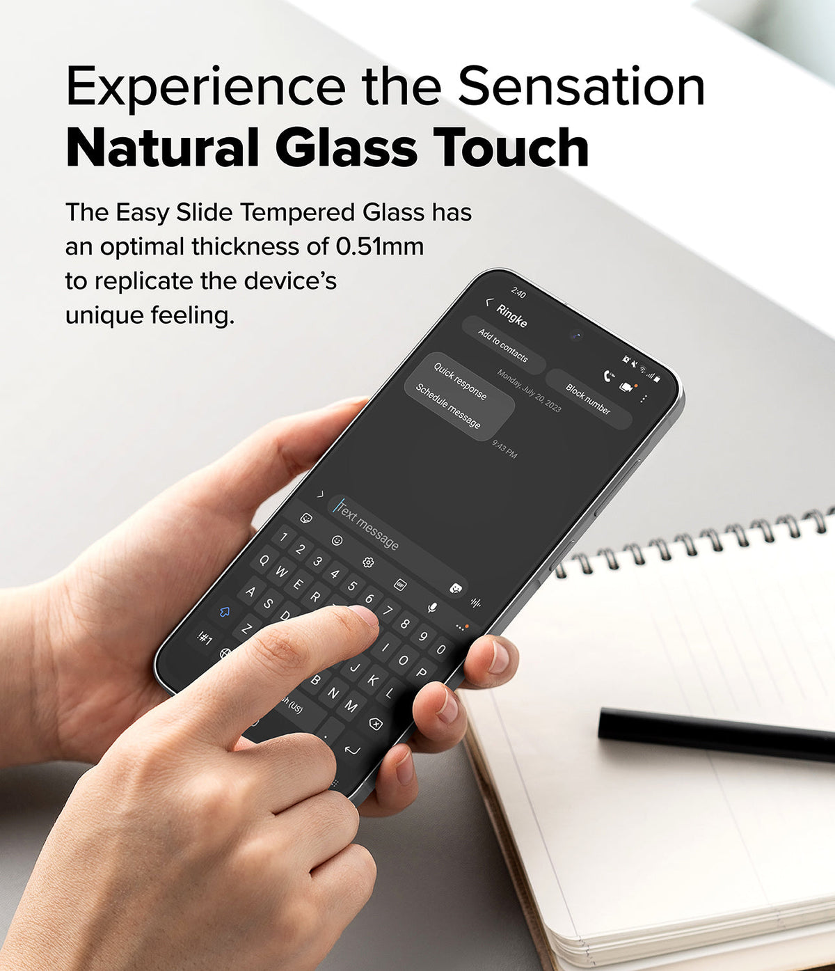 Galaxy A56 / A36 Screen Protector | Easy Slide Tempered Glass - Galaxy A56 / A36 Screen Protector - Hands typing on a smartphone screen protected by thin, smooth tempered glass.