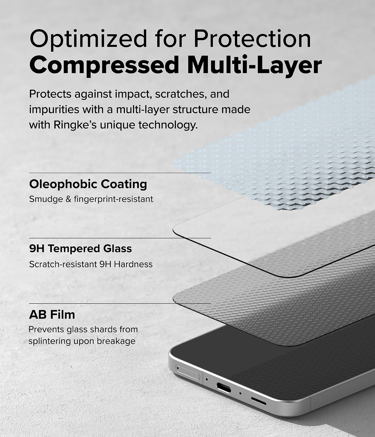 Galaxy A56 / A36 Screen Protector | Easy Slide Tempered Glass - Galaxy A56 / A36 Screen Protector - Exploded view showing multi-layer screen protector structure above a smartphone.