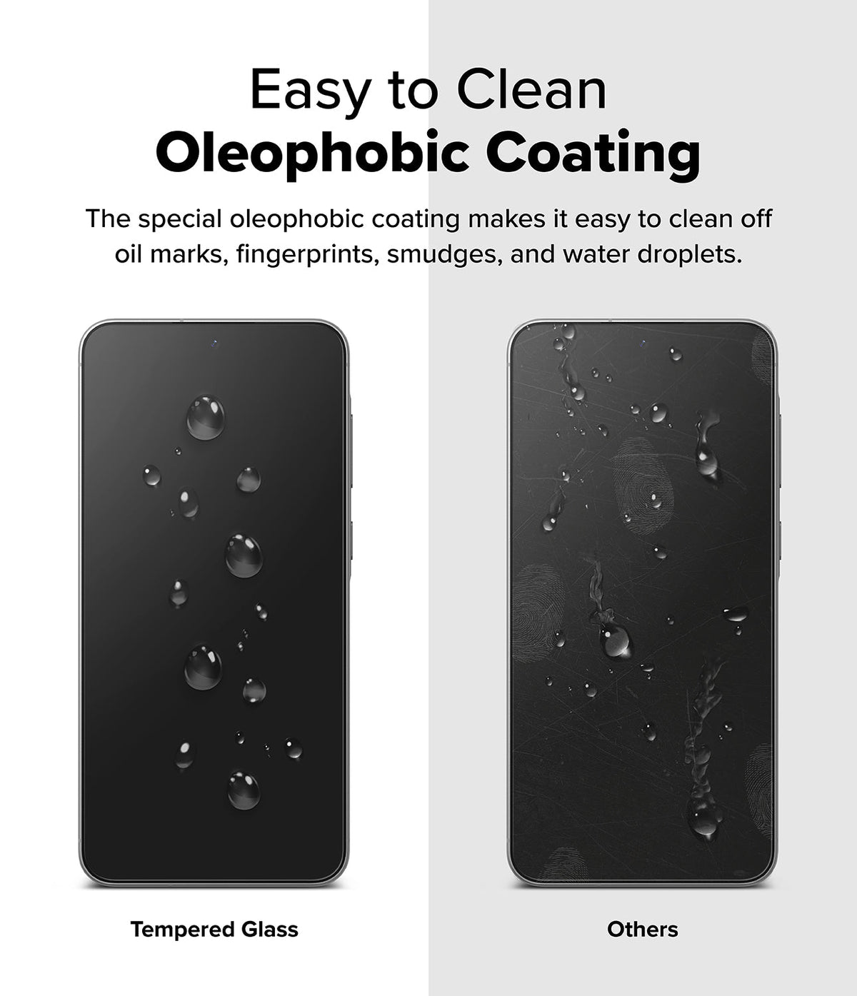 Galaxy A56 / A36 Screen Protector | Easy Slide Tempered Glass - Galaxy A56 / A36 Screen Protector - Comparison showing water beading on tempered glass versus smudges on standard glass.