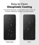 Galaxy A56 / A36 Screen Protector | Easy Slide Tempered Glass - Galaxy A56 / A36 Screen Protector - Comparison showing water beading on tempered glass versus smudges on standard glass.