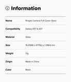 Galaxy A37 / A57 5G | Camera Glass 2P - Information table listing product name, compatibility, material, size, weight, origin, and color.
