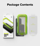 Galaxy A57 5G Screen Protector | Easy Slide Tempered Glass 2P - Galaxy A57 5G Screen Protector - Package contents showing retail box, green installation tray, and screen protector film.