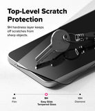 [Bundle] Galaxy A57 | Fusion Magnetic - A metal key resting on a Galaxy A57 screen protector, demonstrating 9H scratch resistance.