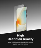 Galaxy A57 5G Screen Protector | Easy Slide Tempered Glass 2P - Galaxy A57 5G Screen Protector - Tempered glass sheet hovering above a smartphone screen displaying vivid colors.