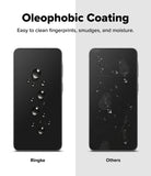 Galaxy A57 5G Screen Protector | Easy Slide Tempered Glass 2P - Galaxy A57 5G Screen Protector - Comparison showing Ringke's clean water-beaded surface versus a smudged, dirty screen.