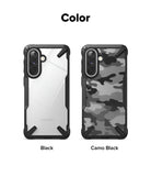 Galaxy A57 5G Case | Fusion-X - Two Fusion-X phone cases in clear and camo black side-by-side against a white background.