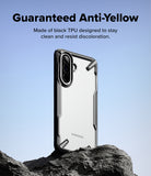 Galaxy A57 5G Case | Fusion-X - Black Fusion-X phone case on a rock against a blue sky, highlighting anti-yellowing TPU design.