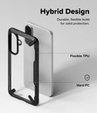 Galaxy A57 5G Case | Fusion-X - Exploded view of a black hybrid phone case highlighting flexible TPU and hard PC materials.