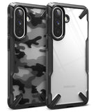 Galaxy A57 5G Case | Fusion-X - Two rugged phone cases, one with a camo pattern and one clear, showing triple camera cutouts.