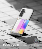 Galaxy A57 5G Case | Fusion Card - Clear phone case with a colorful gradient card slot, angled over a grid of credit cards.