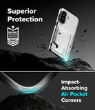 Galaxy A57 5G Case | Fusion Card - Clear phone case with card slot hovering over rock with military grade protection.