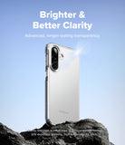 [Bundle] Galaxy A57 | Fusion - Clear phone case on a rock against a blue sky with text about clarity and UV resistance.
