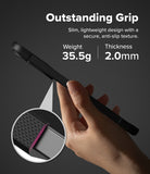Galaxy A57 5G Case | Onyx - Hand holding a slim black phone case with a textured anti-slip grip, showing weight and thickness.