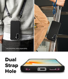 Galaxy A57 5G Case | Onyx - Black phone case with dual strap holes shown worn with lanyards and from the bottom view.