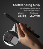 [Bundle] Galaxy A57 | Onyx - Hand holding a slim black phone case with a textured grip, highlighting 35.5g weight and 2.0mm thickness.
