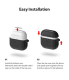 AirPods 3 Silicone Case | Ice Box - Two-step installation guide for a black silicone AirPods case with red arrows showing placement.