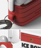 AirPods 3 Silicone Case | Ice Box - Red and white cooler-style case with a carabiner, showing the lid, hinge, and LED light.