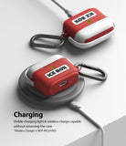 AirPods 3 Silicone Case | Ice Box - Red and white silicone cases with carabiners charging on a wireless pad.