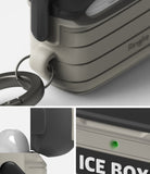 AirPods 3 Silicone Case | Ice Box - Gray ribbed silicone case with black carabiner, open lid, and green LED indicator.
