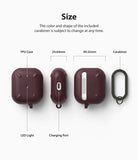 AirPods 3 Case | Onyx - Technical diagram showing dimensions and features of the dark maroon TPU case and included carabiner.
