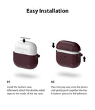AirPods 3 Case | Onyx - Two-step diagram showing how to install a dark brown protective case onto white AirPods.