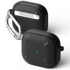AirPods 3 Case | Onyx - Two black textured protective cases for AirPods 3, one with a silver carabiner and one showing a green LED.
