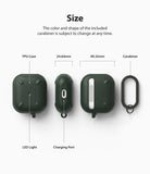 AirPods 3 Case | Onyx - Technical diagram showing dimensions and features of the dark green TPU case and included carabiner.