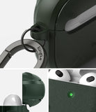 AirPods 3 Case | Onyx - Dark green textured AirPods 3 case with a Ringke carabiner, showing the charging light and open lid.