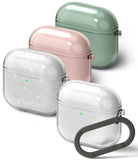 AirPods 5 / 4 Case | Air - Four translucent AirPods 4 cases in glitter, clear, pink, and green, with a black carabiner attached.