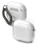 AirPods 5 / 4 Case | Air - Two clear protective cases for AirPods 4, one with a dark grey carabiner attached.