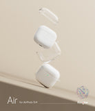 AirPods 5 / 4 Case | Air - Clear protective case components floating around a white AirPods 4 charging case against a beige background.