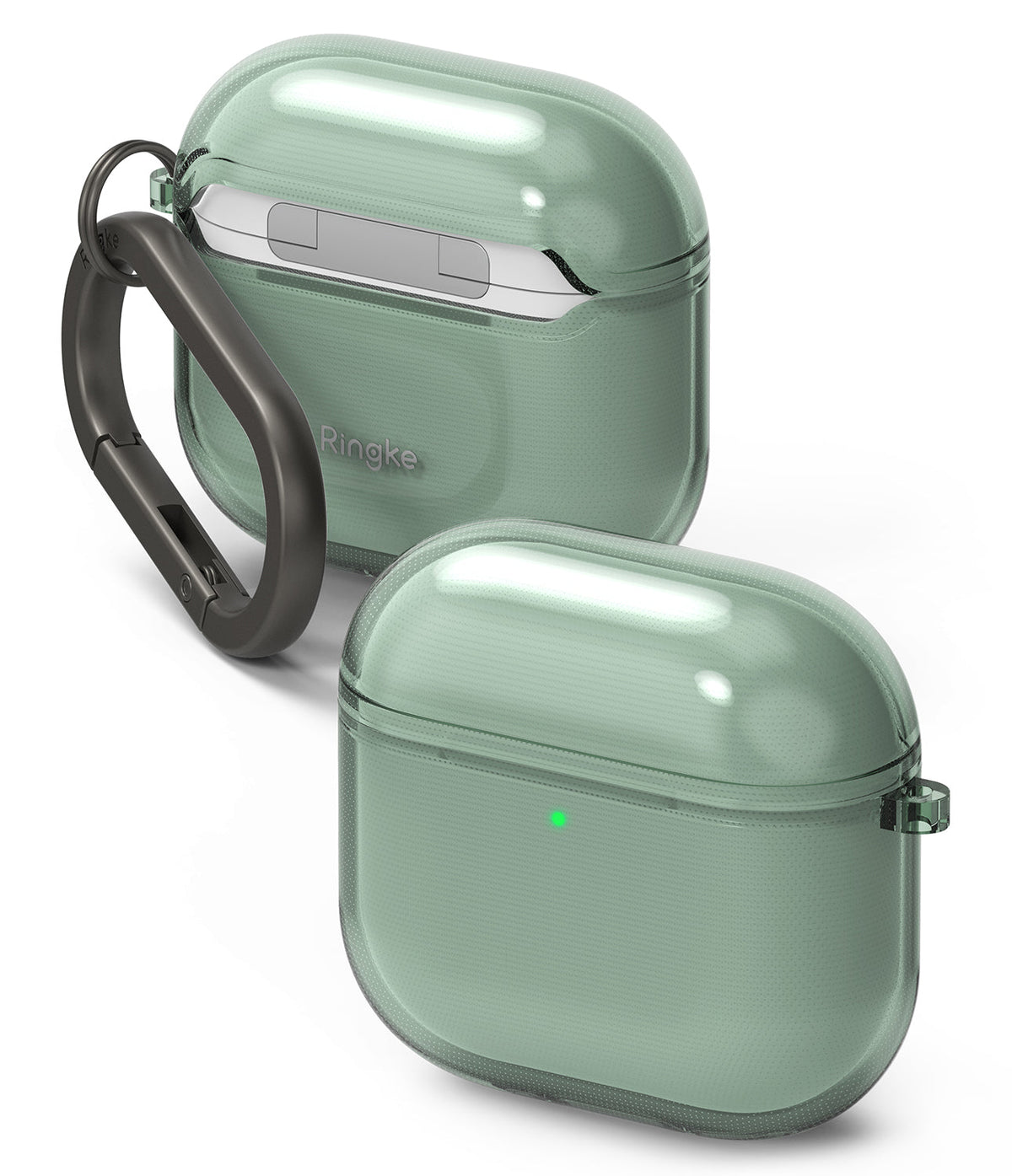 AirPods 5 / 4 Case | Air - Translucent sage green protective case for AirPods 4 with a dark grey carabiner and visible status light.