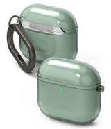 AirPods 5 / 4 Case | Air - Translucent sage green protective case for AirPods 4 with a dark grey carabiner and visible status light.