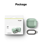 AirPods 5 / 4 Case | Air - Green AirPods 4 case, retail packaging, and a black carabiner on a white background.