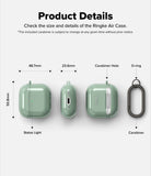 AirPods 5 / 4 Case | Air - Technical diagram showing dimensions and features of a green AirPods 4 case with a carabiner.